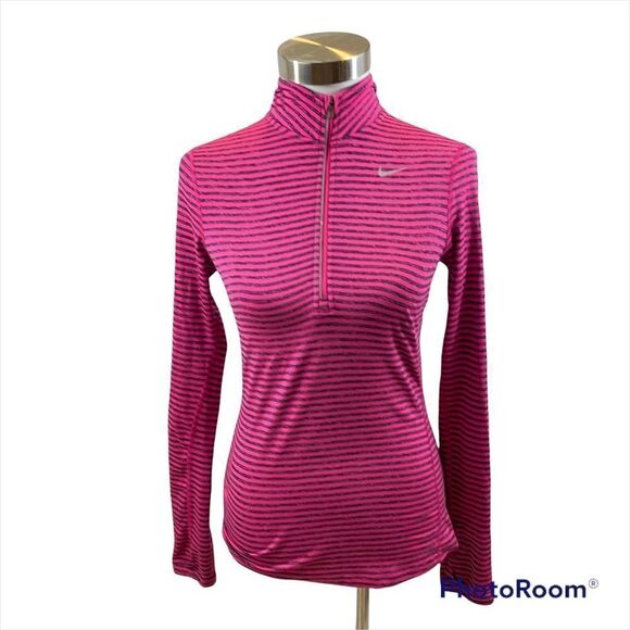 Ladies Nike Running Dri-Fit Long Sleeved 1/4 Zipper Top Pink and Grey Striped XS - Picture 1 of 16